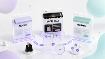 Isometric glassmorphism workflow showing teaser, BFCM sale, and normal Shopify storefront themes connected by an automated ca