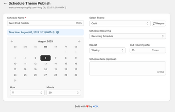 Maestro Theme Scheduler interface for scheduling a Shopify theme publish