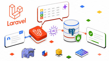Bright Laravel AI illustration showing a plain-English question flowing through a protected database and returning a structur