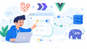 Bright illustration of Laravel, Vue, Inertia, and PHP powering an optimistic UI update