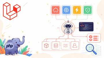 Illustration of reusable Laravel Boost AI agent skills connected to a Laravel application, queue worker, and vector search