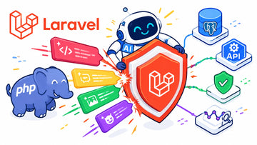 Bright illustrative Laravel AI agent protected by layered security shields against malicious prompts, with PHP, database, API