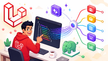Bright Laravel PHP AI illustration showing an API pipeline with JSON, streaming particles, and provider connections