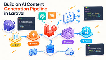 Laravel AI content generation pipeline showing draft, refine, queue, and publish stages
