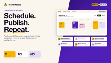 Maestro Theme Scheduler dashboard showing scheduled Shopify theme and content updates