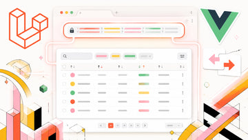 Bright illustrative dashboard showing URL-driven search, sorting, filters, and pagination in a Laravel, Vue, and Inertia admi