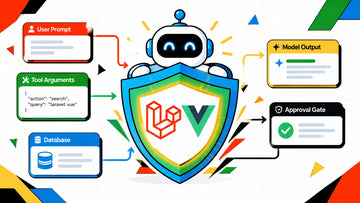 Illustration of Laravel and Vue AI agent security with layered shields and architectural boundaries