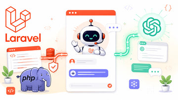 Bright illustrated Laravel support chatbot connected to OpenAI, PHP, and a secure database