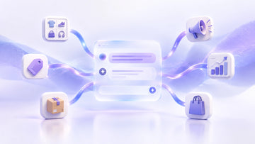 Frosted glass conversational interface coordinating commerce actions across products, pricing, inventory, campaigns, and anal