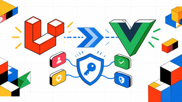 Illustration of Laravel, Vue, Inertia, shields, gates, and permission badges