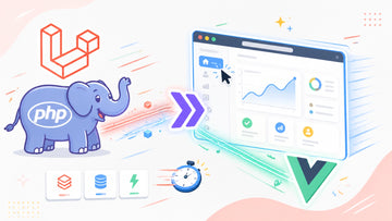 Bright illustrative diagram showing Laravel, PHP, Vue, and Inertia moving data instantly into a browser dashboard