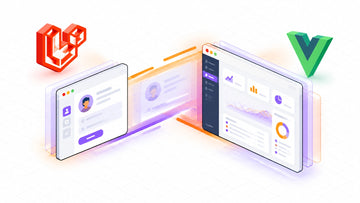 Illustrative Laravel and Vue page transition with colorful browser panels and motion trails