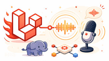 Bright Laravel text-to-speech API illustration with a microphone, audio waveform, PHP icon, and API connections
