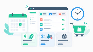 Flat illustration of a Shopify storefront dashboard with a calendar, clock, shopping cart, and campaign scheduling cards