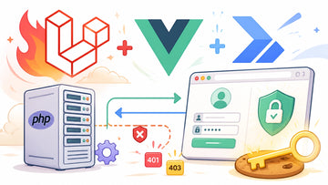 Illustration of Laravel, Vue, and Inertia connecting a secure browser session to a PHP server