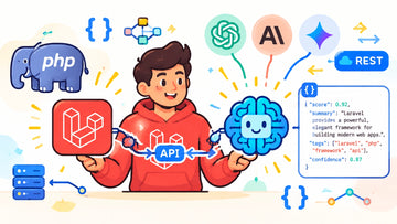 Bright illustration of a Laravel AI agent producing structured JSON for a REST API