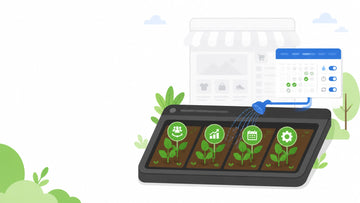 Flat illustration of a Shopify storefront growing in a scheduled e-commerce garden
