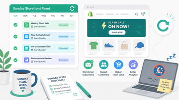 Flat SaaS illustration of a Sunday Shopify storefront reset with a campaign calendar, flash sale banner, analytics icons, and