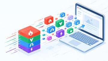 Bright illustration of Laravel, Vue, Inertia, and Vite splitting a large application bundle into smaller modules