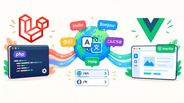 Bright cartoony illustration of Laravel and Vue connected through multilingual Inertia data