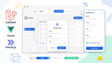 Bright illustration of Laravel, Vue, and Inertia powering a route-based modal and slideover