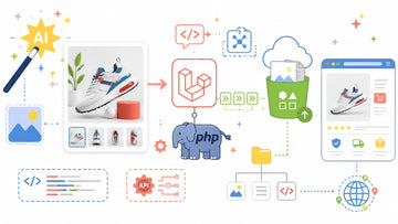 Bright illustrative Laravel pipeline showing AI image generation, PHP, cloud storage, and a marketplace product preview