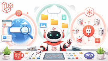 Bright illustration of a Laravel AI agent connected to database, embeddings, web search, file storage, and MCP tools