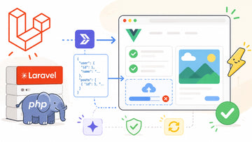 Bright illustration of a Laravel API sending reactive HTTP data to a Vue and Inertia SPA