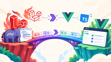 Illustrated bridge connecting Laravel controllers to a Vue and Inertia single-page application with typed route cards