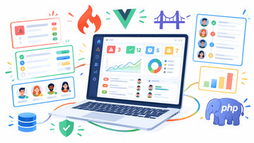 Bright illustrative team dashboard showing Laravel, Vue, Inertia, PHP, charts, incidents, and team activity